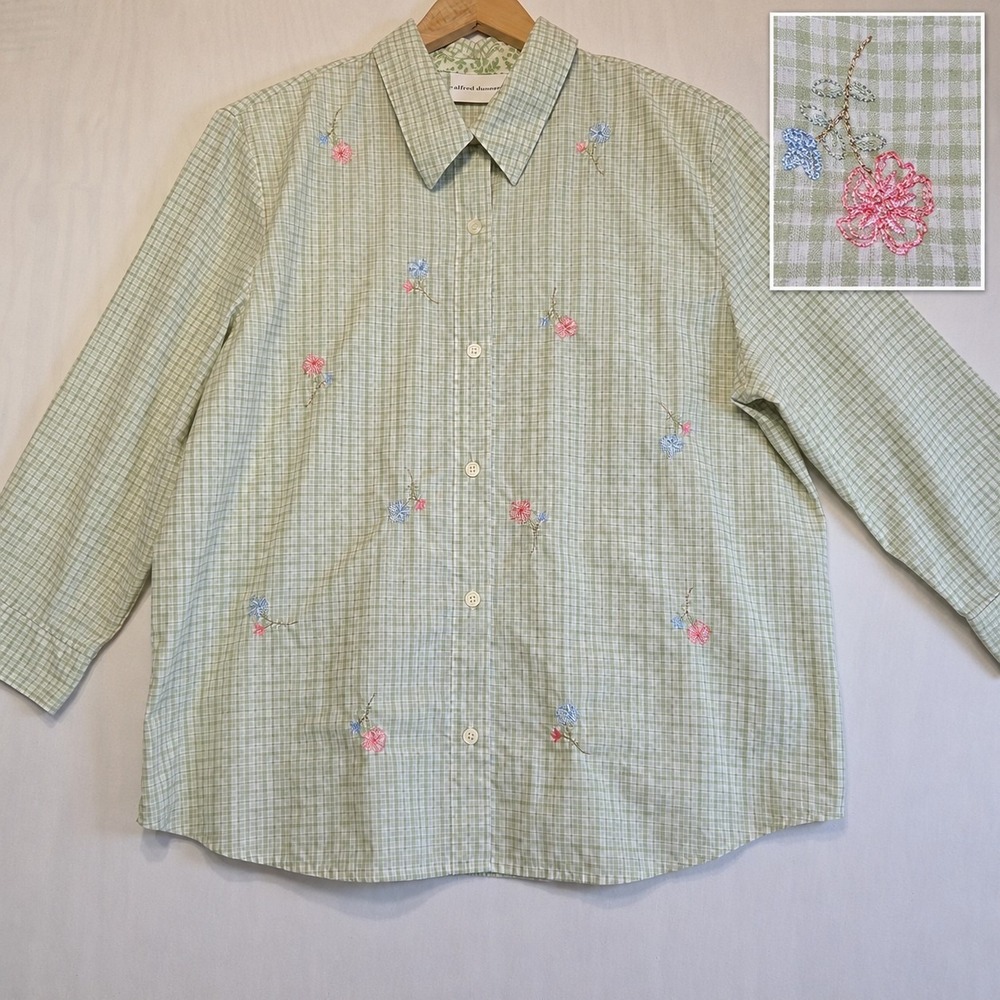 Alfred Dunner Women's Size 18 Green Gingham Embroidered Floral Button Shirt Top